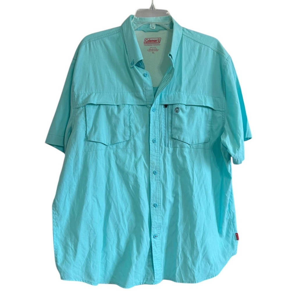 Coleman Mens XL Turquoise Short Sleeve Fishing Shirt Button Down Utility‎ Vent
